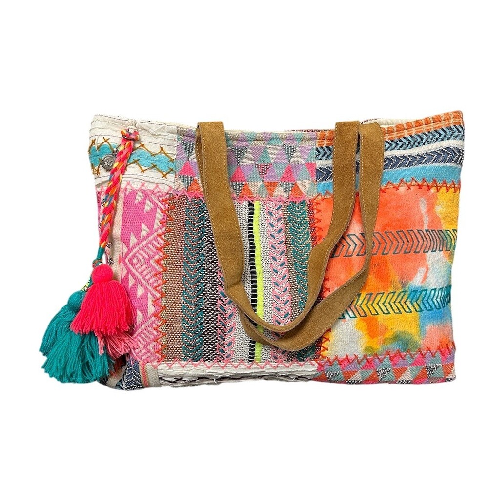 Lovestitch Patchwork Boho Tote Bag Pom Pom Tassel Embroidered Market Bag